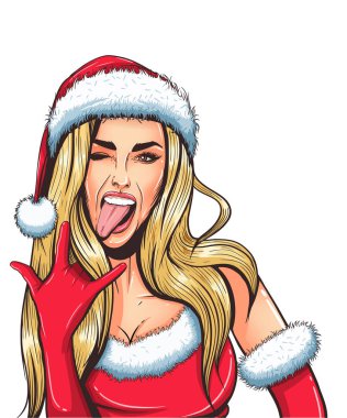 Pop art Noel seksi kadın ile Noel Baba şapkalı açık ağız.