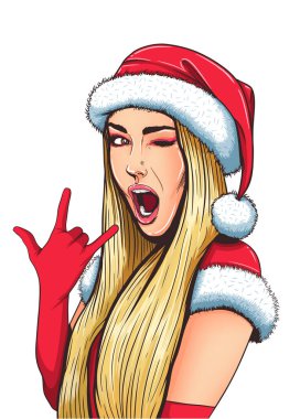 Pop art Noel seksi kadın ile Noel Baba şapkalı açık ağız.