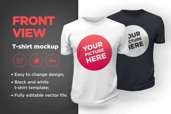 Erkek t-shirt kısa kollu mockup ile beyaz ve siyah. Önden Görünüm — Stok Vektör