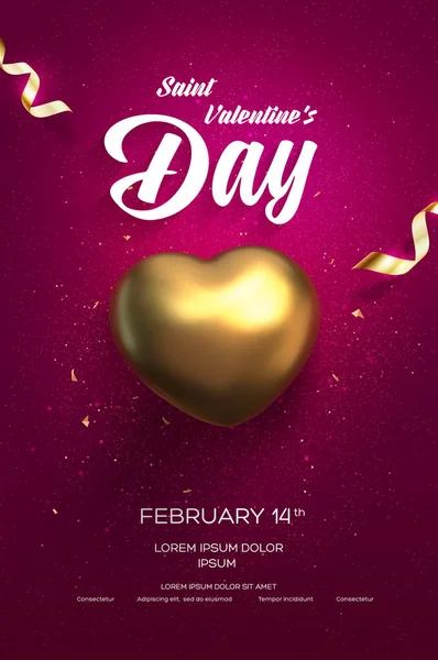 Щасливий день Святого Валентина листівка або плакат. Вид зверху на Золоте серце з красивим тлі — стоковий вектор