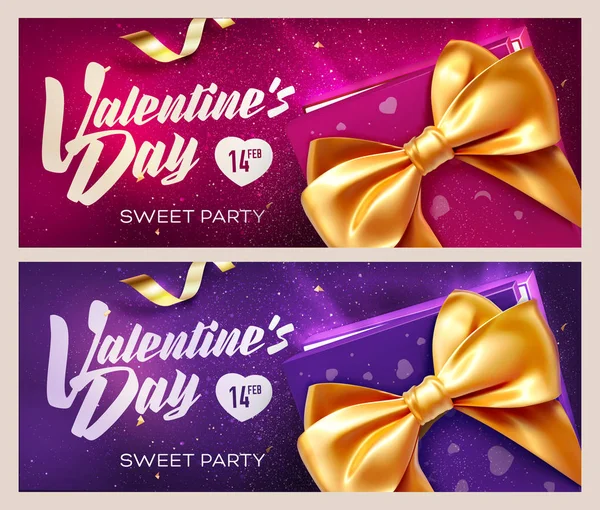 Happy Valentine's Day banners. Top view on gift box and bow with beautiful backdrop — Stock Vector