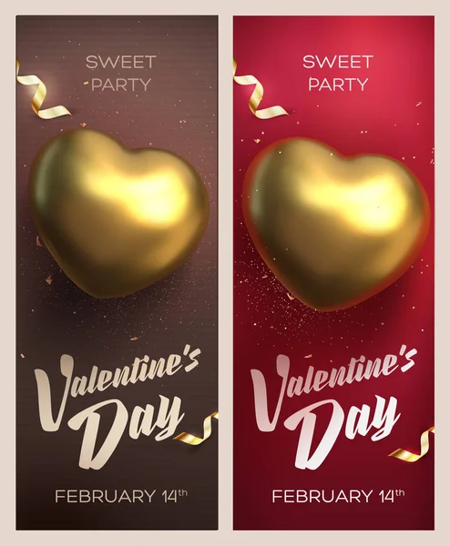 Fröhliche Valentinstag-Banner. Blick von oben auf goldenes Herz mit schöner Kulisse — Stockvektor