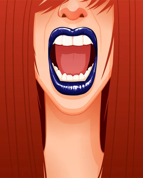 Крупный план кричащего лица сексуальной женщины с голубыми губами и открытым ртом — стоковый вектор