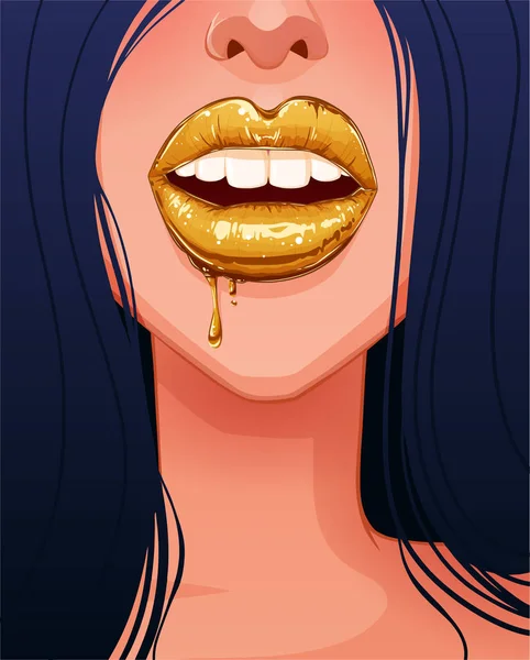 Close-up de lábios bonitos da mulher loira sexy com gotejamento batom dourado —  Vetores de Stock