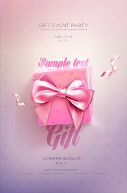 Pembe şenlikli el ilanı veya poster. Hediye kutusu ve yay güzel zemin ile Üstten Görünüm