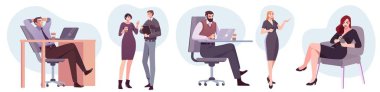 İş yerindeki düz stil iş adamları karakterleri. Erkek ve kadın şahıslar ofis odasında. İş adamları ve iş kadınları iş yerinde.
