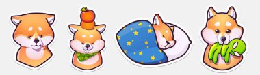 Emoji Karikatür Köpek Duyguları Çıkartma Koleksiyonu. Shiba inu. Vektör Resimleri