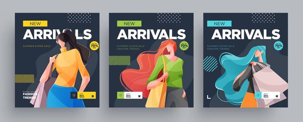 Городские шоппинг девушки баннеры установлены. Модные девушки с сумками для покупок. Вектор
