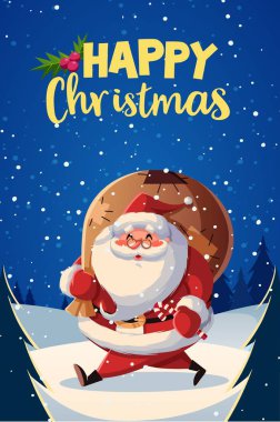 Noel Baba ve hediyelerle birlikte Noel kartı tasarımı şablonu. Vektör