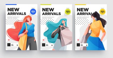 Şehir kızları afişi ya da poster seti. Alışveriş çantalı moda kızları..