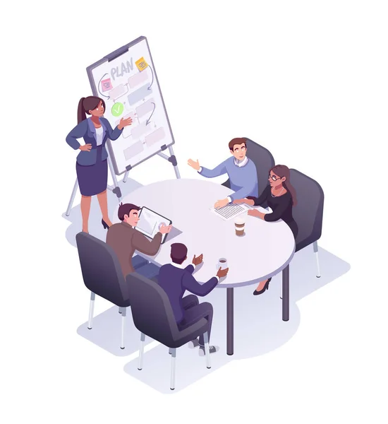 Flat style business people characters in workplace vector icon set collection. Male and female persons in presentation meeting room. Businessmen and businesswomen at work place