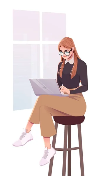 Mujer joven usando el ordenador portátil que trabaja en el café al aire libre. Niña navegando por Internet, Chatear, Blogs — Archivo Imágenes Vectoriales