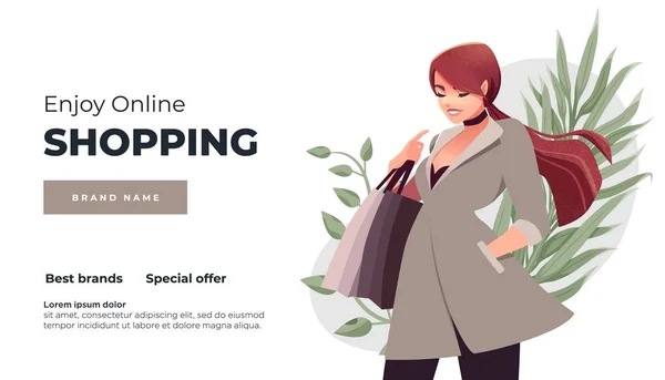 Pagina di destinazione dello shopping online o modello banner. Ragazza con la spesa, pacchi. Appartamento Happy Girl con Shopping Bag. Illustrazione vettoriale . — Vettoriale Stock