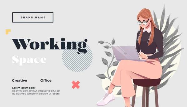 Working space Landing page template. Young female freelancer is sitting in modern hipster cafe with laptopn. Vector — Stock Vector