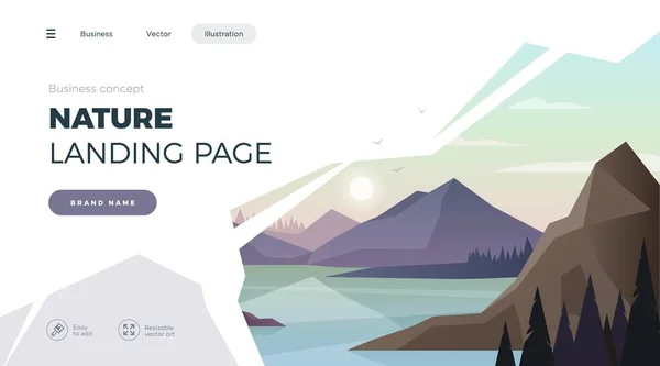 Plantilla de landing page. Árboles de paisaje moderno y picos de montaña. Vector — Vector de stock