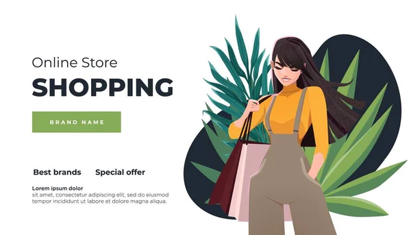 Pagina di destinazione dello shopping online o modello banner. Ragazza con la spesa, pacchi. Appartamento Happy Girl con Shopping Bag. Illustrazione vettoriale . — Vettoriale Stock