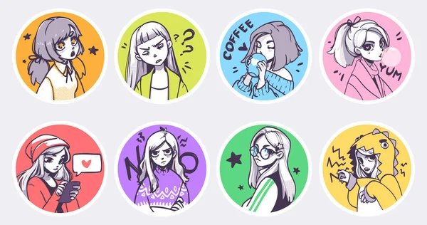 A set of cute anime girls illustrations in various clothes doing different activities with different expressions. Stickers or badges — 스톡 벡터