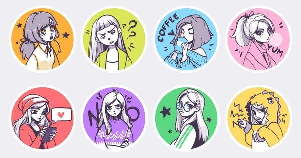 Un ensemble d'illustrations mignonnes de filles anime dans divers vêtements faisant différentes activités avec différentes expressions. Autocollants ou badges — Image vectorielle