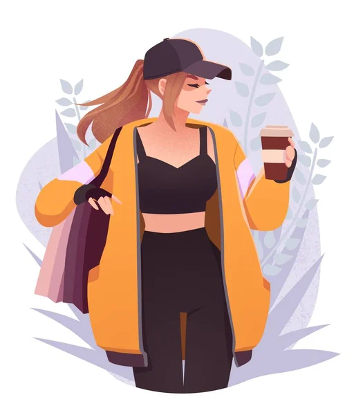Piękna młoda dziewczyna w ubraniu mody z torbami na zakupy i filiżanką kawy. Stylowa kobieta mody. Koncepcja Dnia Zakupów. — Wektor stockowy