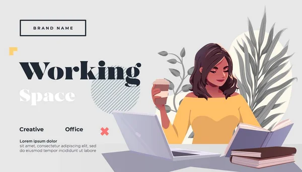 Espacio de trabajo Plantilla de landing page. La joven freelancer está sentada en un moderno café hipster con laptopn. Ilustración vectorial — Vector de stock