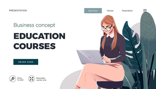 Landing page template for online courses, distance education, Internet studying, training. Education Concept, training young female. Internet student — Stock Vector