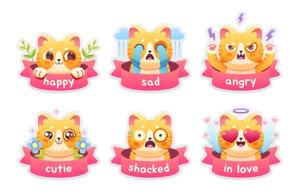 Conjunto de emblemas bonitos emoticons gato, patches, adesivos. Ilustração vetorial —  Vetores de Stock