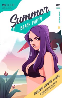 Yaz partisi posteri ya da broşür tasarımı. Plajda seksi bir kadın var. Parti davetiyesi. Modern tarz. Vektör illüstrasyonu