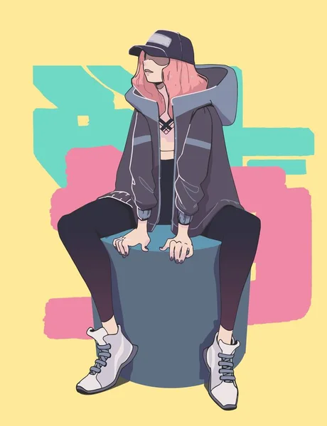 Gadis hipster cantik dengan jaket abu-abu dan topi bergaya. Gaya busana jalanan . - Stok Vektor