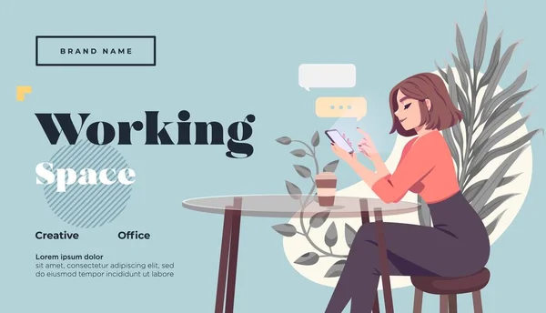 Working space Landing page template. Young female freelancer is sitting in modern hipster cafe with laptopn. Vector illustration — Stock Vector
