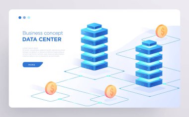 Kaydır, kahraman sayfası ya da dijital teknoloji afişi. Veri merkezi iş konsepti. İzometrik illüstrasyon