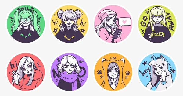 A set of cute anime girls illustrations in various clothes doing different activities with different expressions. Stickers or badges — ストックベクタ