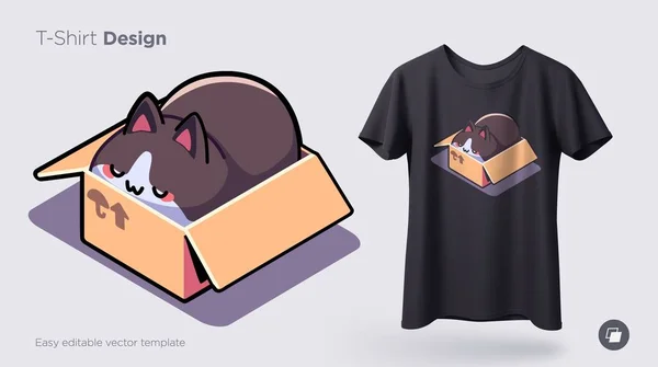 Gato engraçado sentado em caixa de papelão. Impressão em t-shirts, camisolas, capas para telemóveis, lembranças. Ilustração vetorial — Vetor de Stock