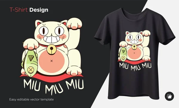 Maneki Neko kat. Afdrukken op T-shirts, sweatshirts, hoesjes voor mobiele telefoons, souvenirs. Geïsoleerde vectorillustratie op zwarte achtergrond. — Stockvector