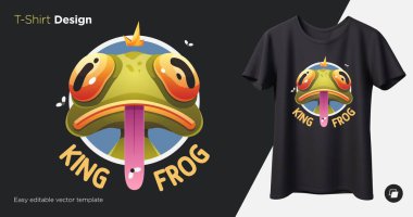 Stylish frog with crown on head. Prints on T-shirts, sweatshirts, cases for mobile phones, souvenirs. Isolated vector illustration on black background.