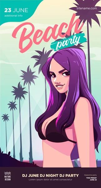 Cartaz de festa de verão ou modelo de design de panfleto com mulher sexy na praia. Convite. Estilo moderno. Ilustração vetorial — Vetor de Stock