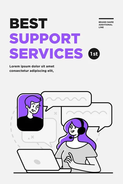 Poster, flyer or banner design template. Business concept illustrations. Modern flat outline style. Support service — Stock vektor