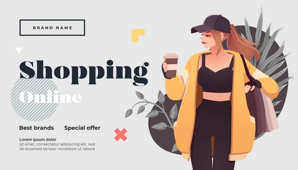 Pagina di destinazione dello shopping online o modello banner. Ragazza con la spesa, pacchi. Carattere femminile piatto felice con borse della spesa. Illustrazione vettoriale — Vettoriale Stock