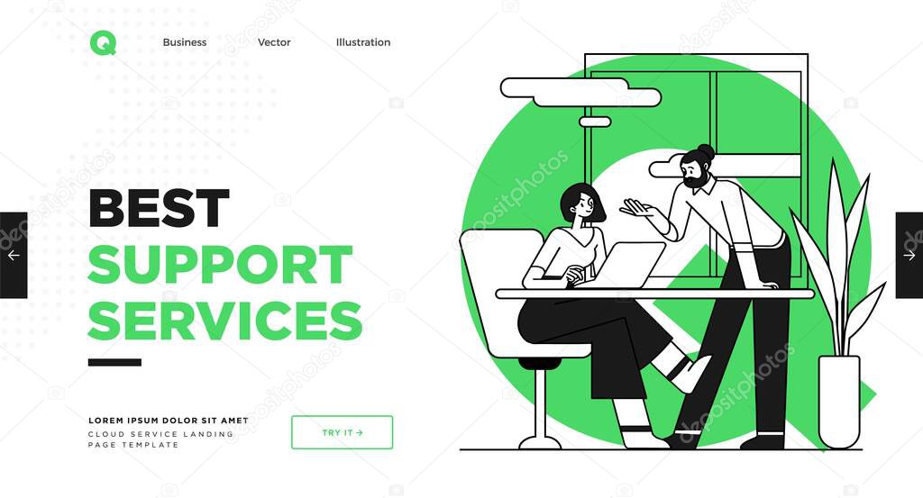Presentation slide template or landing page website design. Business concept illustrations. Modern flat outline style. Support service