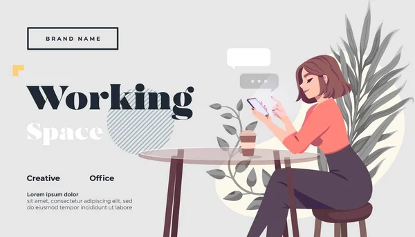 Young woman sitting at the table with laptopn and talking and working with her male friends in the open space office. Gradient line vector illustration of creative people working together — Stock Vector