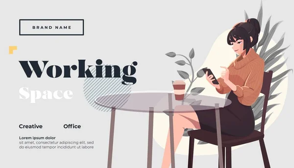 Mujer joven sentada en la mesa con laptopn y hablando y trabajando con sus amigos masculinos en la oficina de espacio abierto. Gradiente línea vector ilustración de personas creativas trabajando juntos — Vector de stock