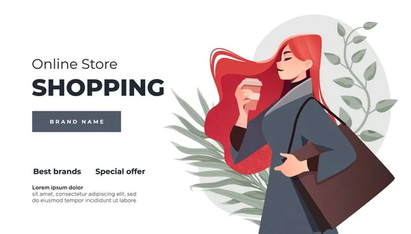 Online shopping landing page or banner template. Girl with shopping, packages. Flat Happy Girl With Shopping Bag. Vector Illustration. — 스톡 벡터