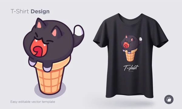 Кошки-мороженое Кавайи. Мороженое в виде круглых котят в вафельном конусе. Отпечатки на футболках, толстовках, футболках для мобильных телефонов, сувенирах. Изолированная векторная иллюстрация — стоковый вектор