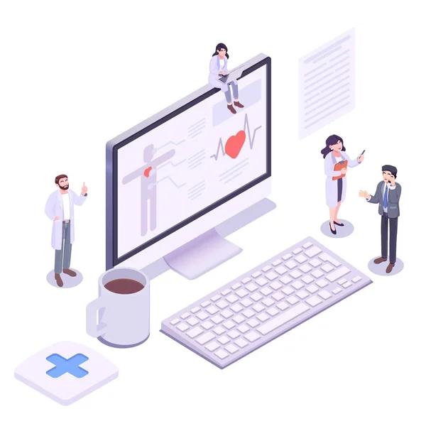 Online gezondheidszorg en medisch advies concept. Platte isometrische vectorillustratie — Stockvector