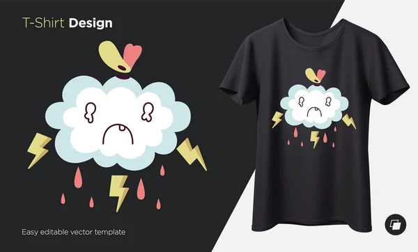 Droevige wolk. Afdrukken op T-shirts, sweatshirts, hoesjes voor mobiele telefoons, souvenirs. Geïsoleerde vectorillustratie op zwarte achtergrond. — Stockvector