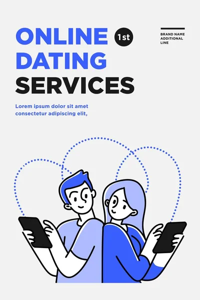 Poster, flyer or banner design template. Business concept illustrations. Modern flat outline style. Online dating and social networking, virtual relationships concept — Stok Vektör