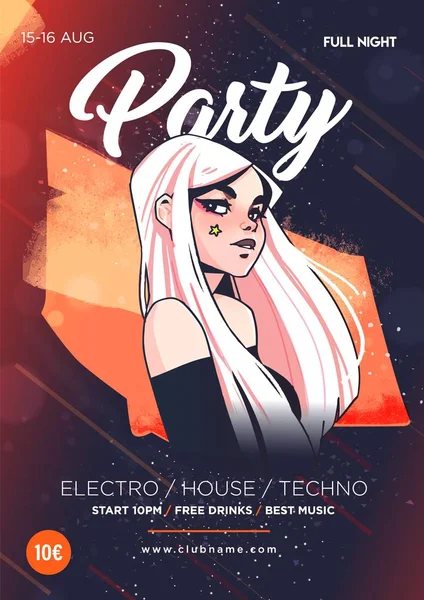 Mooi meisje op de achtergrond van abstracte kleurvlekken. Dans Club Night Party Poster Flyer lay-out sjabloon. Kleurrijke muziek Disco Banner Ontwerp — Stockvector