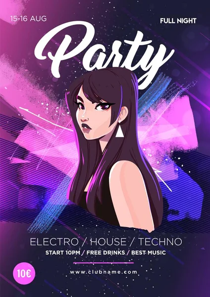 Beautiful girl on the background of abstract color spots. Dance Club Night Party Poster Flyer Layout Template. Colorful Music Disco Banner Design — Stok Vektör