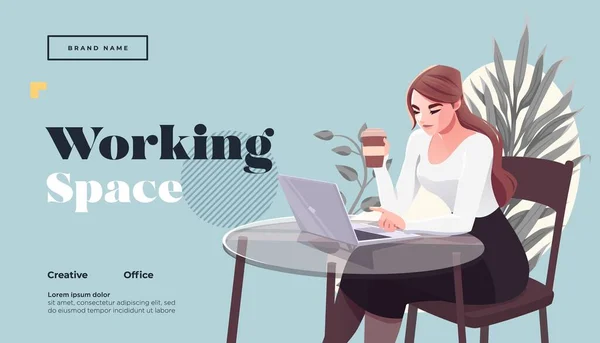 Espacio de trabajo Plantilla de landing page. La joven freelancer está sentada en la moderna cafetería hipster a la mesa con café para llevar, teléfono móvil. Ilustración vectorial — Vector de stock