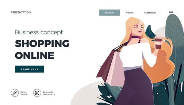 Online shopping landing page or banner template. Girl with shopping, packages. Flat Happy Female Character with Shopping Bags. Vector Illustration — 스톡 벡터