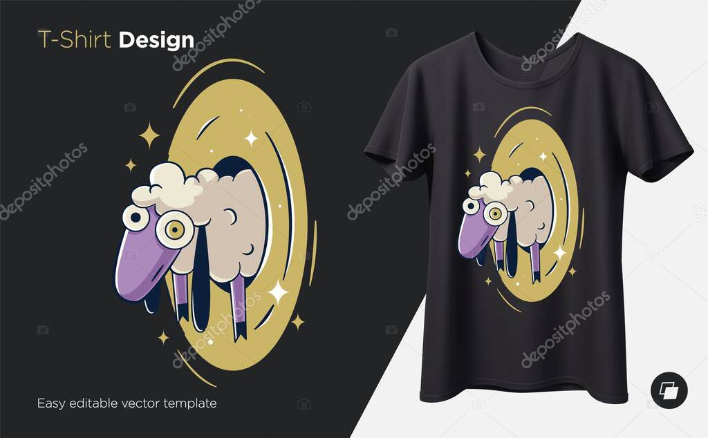 Stylish sheep in a portal. Prints on T-shirts, sweatshirts, cases for mobile phones, souvenirs. Isolated vector illustration on black background.